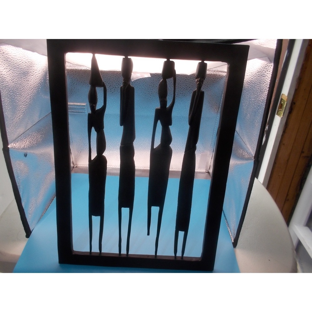 Hand Carved African Tribal Wood Wall Art 4 Figures Silhouette Frame Sculpture